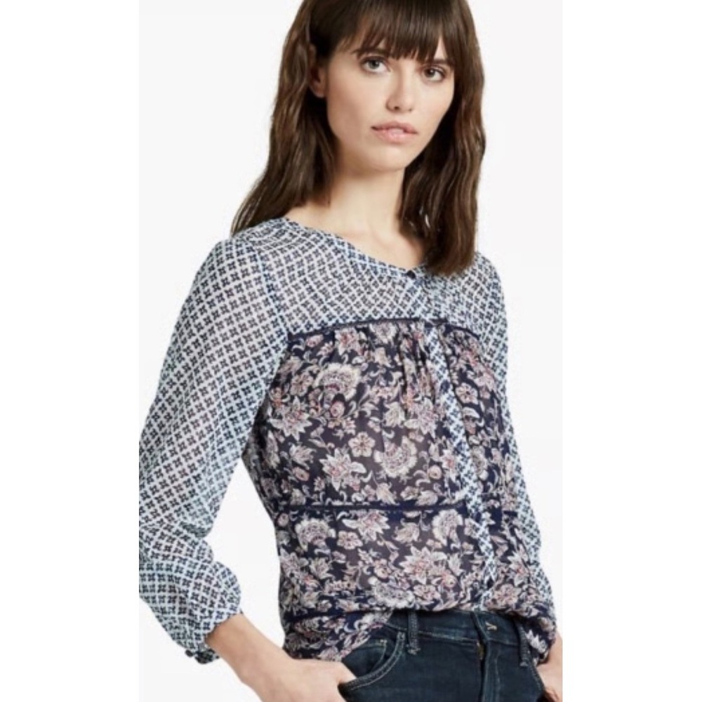 Lucky Brand Blouse Mixed Print Floral Peasant‎ Blouse Navy Blue Metallic XS